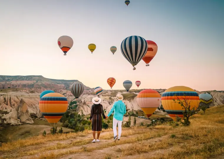 Family with child watching hot air balloons in field
