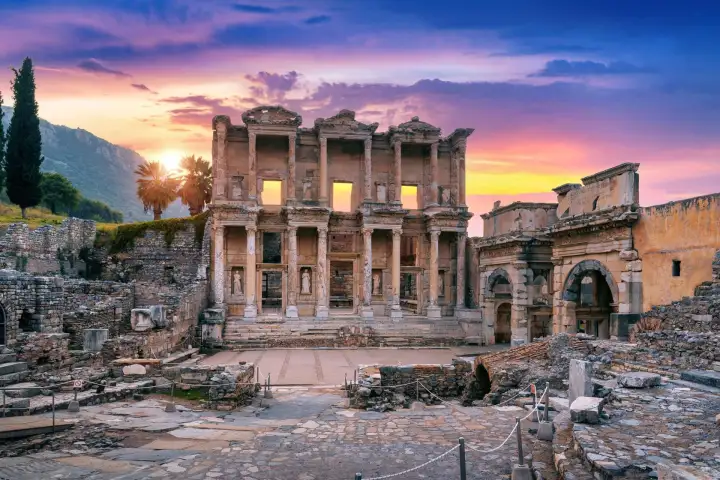 Sunset shot of historic architecture Celsus Library Ephesus