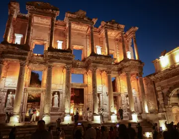 Night illumination of historic facade Celsus Library Ephesus