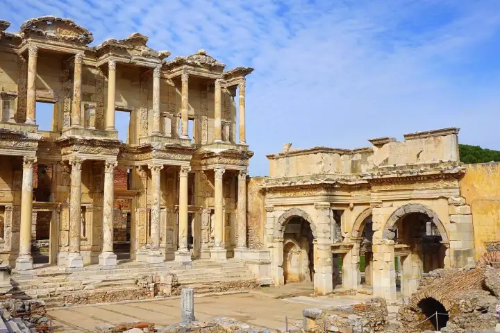 Blue sky panorama of classical wonder Celsus Library Ephesus