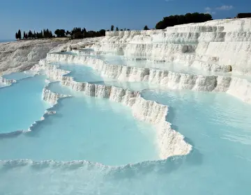 Aerial view of turquoise thermal pools in Pamukkale travertines