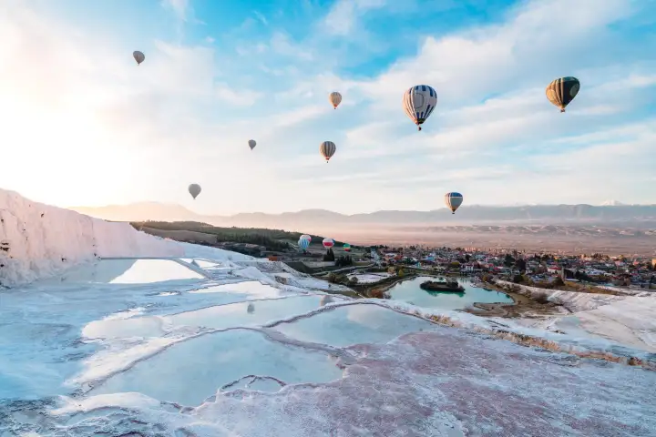 Hot air balloon ride sky view over Pamukkale white terraces