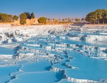 Aerial view of Hierapolis theatre in morning light Pamukkale