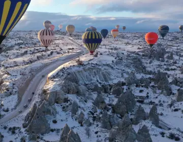 Aerial scene of winter Cappadocia balloon ride