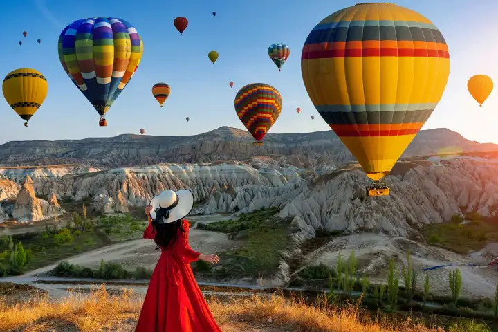 Woman in red dress posing with Cappadocia balloons