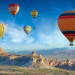 Bright blue sky with Cappadocia hot air balloons