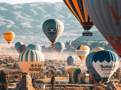 Canyon view scenery with Cappadocia balloons