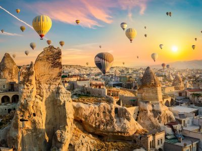 Goreme panorama at sunset with hot air balloons