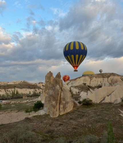 Sunrise balloon flight over Cappadocia rocks