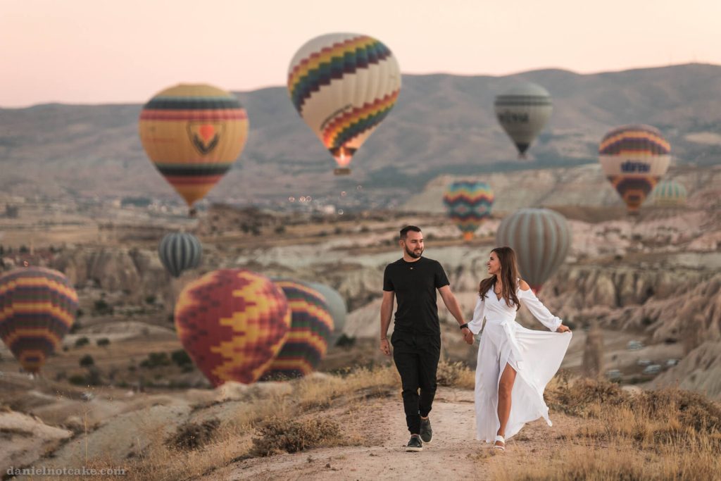 Beautiful sunrise over Cappadocia with hot air balloons