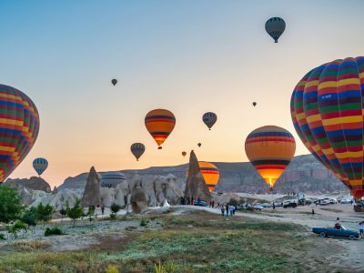 Colorful hot air balloons floating over Cappadocia