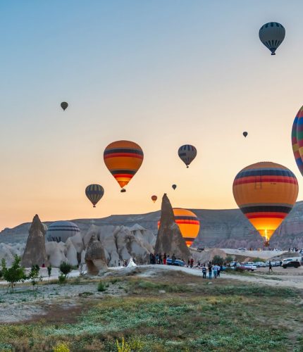 Colorful hot air balloons floating over Cappadocia