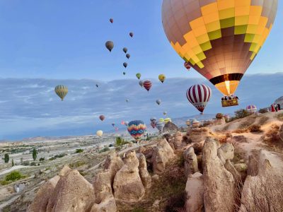 Panoramic view of Cappadocia balloons from above