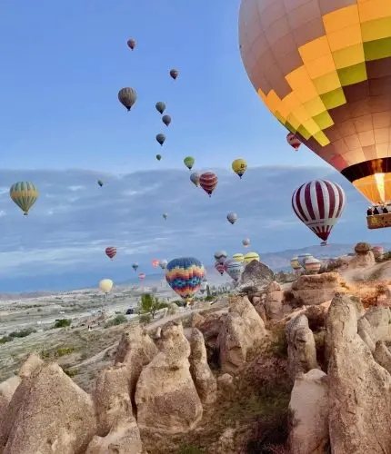 Panoramic view of Cappadocia balloons from above