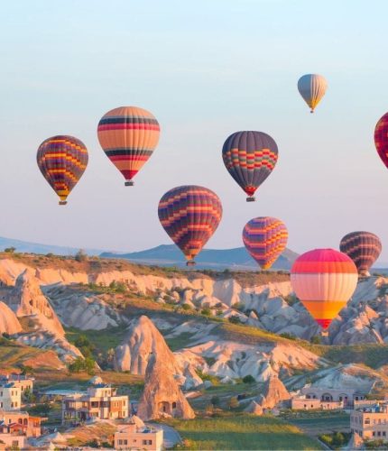Aerial scenery of sunset balloons in Cappadocia