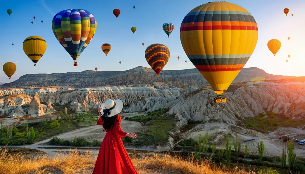 Woman in red dress posing with Cappadocia balloons