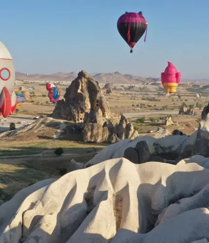 Close up of yellow striped hot air balloon in Cappadocia