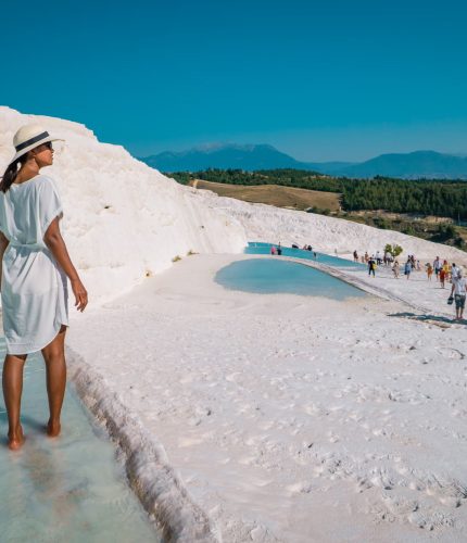 Aerial scenic view of terraced pools at Pamukkale Cotton Castle