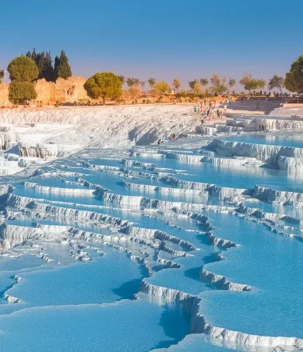 Aerial view of Hierapolis theatre in morning light Pamukkale